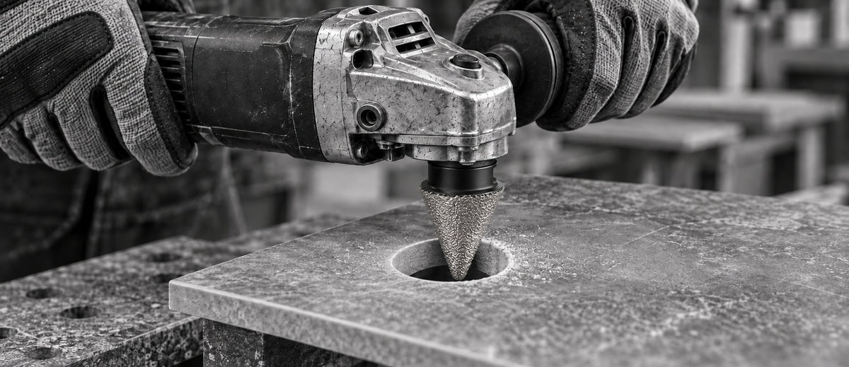 KURZEN tapered diamond chamfer bit attached to an angle grinder — monochrome application illustration